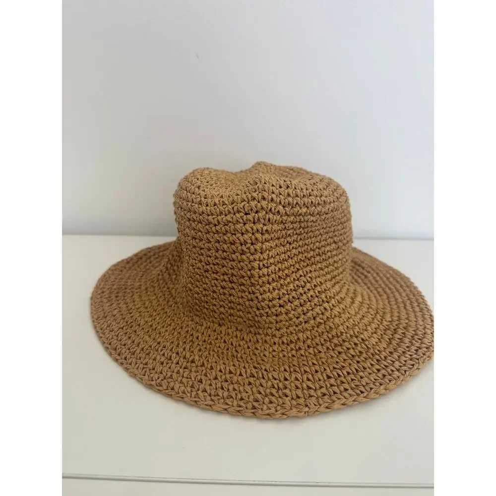Ann Taylor LOFT Womens Woven Straw Crochet Sun Wide Brim Beach Summer Tan Hat